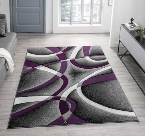 Modern Abstract Area Rug Hand Carved Contemporary Geometric Vibrant Colors Carpet for Living Room Bedroom Design PR1001 (Purple, 5' x 7')