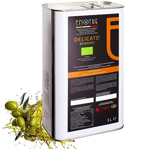 ENOTRE DELICATO Olio Extravergine di Oliva Italiano - Olio Evo Biologico Prodotto in Calabria ed Estratto a Freddo - Gusto Fruttato, Esalta il Sapore di Ogni Piatto, Carne, Pesce, Condimenti (3 L)
