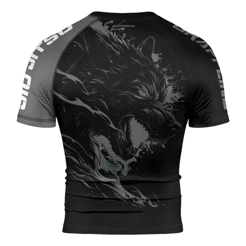 Wolf Men's Compression Shirt Short Sleeve, MMA BJJ Rash Guard Shirt Grappling Jiu Jitsu Training3
