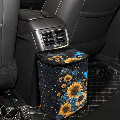 Image of Blue Butterfly Sunflower Print Car Trash Can - Foldable, Automotive Garbage Bin with Leak Proof Hanging Bag