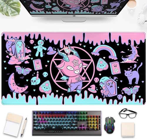 Cute Pastel Goth Desk Mat Kawaii Japanese XXL Extra Large Extended Desk Pad Gaming Mouse Pad, Anime Computer Laptop Mat Keyboard and Mouse Mat for Women Office Desk Decor Gamer Gift 31.5'x15.75'