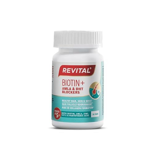 Revital Biotin+ with Amla and DHT Blockers for Hair Growth | Biotin, Amla, Zinc, Vitamin E & Pantothenic Acid | Supports Hair Strength & Skin Health | 50 tablets