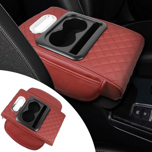 Hovom Car Center Console Cover, 12.3"×6.3"×1.5" Leather Armrest Cover for Cars, Multifunctional Auto Armrest Cushion Pad with Pocket, Tissue Box, Cup Holder & Phone Slot, Car Accessories (Wine Red)