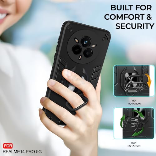Image of AESTMO Realme 14 Pro 5G Back Case Cover | Tough Armor Bumper | Ring Holder & Kickstand in-Built | 360 Degree Protection Cover for Realme 14 Pro 5G (Black)