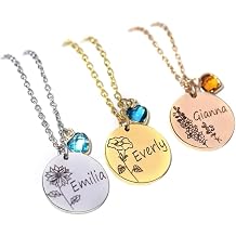 Custom Necklace with Engraved Birth Flower, Name and Birthstone | Stainless Steel, 18K Gold Plating, Birthstone Necklaces for Girls Age 15-20, Pendant with Kids Names, Necklace from Grandma