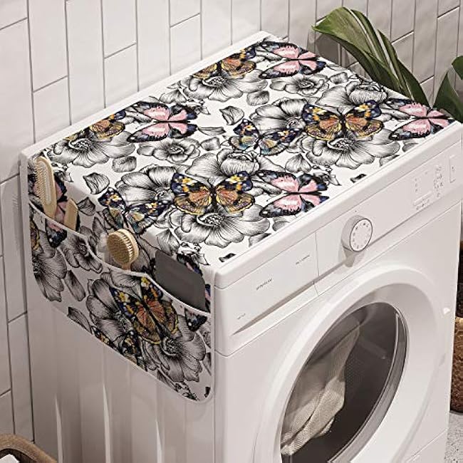 Ambesonne Butterfly Washing Machine Organizer, Mothers Day Spring Themed Blossoming Nature Image Poppy Flowers Print, Anti-slip Fabric Cover for Washers and Dryers, 47 x 18.5, Pink Reseda Green Blue