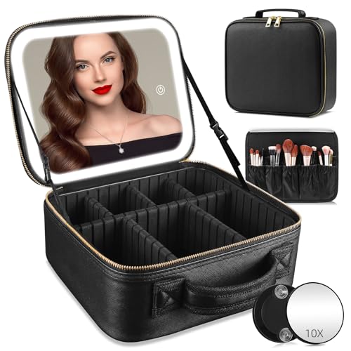 Sac de Maquillage de Voyage Sac cosmétique Sac Organisateur de Maquillage avec Grand Miroir éclairé 3 Modes de Couleur luminosité réglable, étanche en Cuir PU...