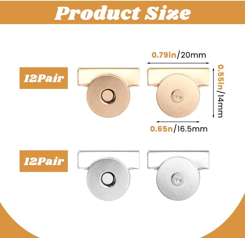 24Pcs No‑Sew Magnetic Snaps Buttons, Metal Purse Closure Fasteners Clasps for Purses, Handbags, Bags, Clothing, DIY Craft Supplies image 2