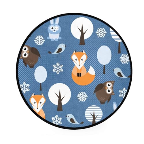 Ksajwzf Tapis rond moderne avec envers antidérapant pour enfants, motif renard, hibou, forêt, renard, hibou, tapis de jeu pour enfants, pour entrée, salon,...