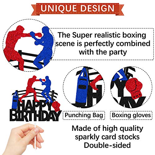 Boxing Cake Topper Bout Pugilist Infighter Beat Boxing Platform Punching Bag Glove Themed Men Kids Boy Girl Birthday Party Cake Decor Happy Bday Event Supplies Double Sided #TOP1