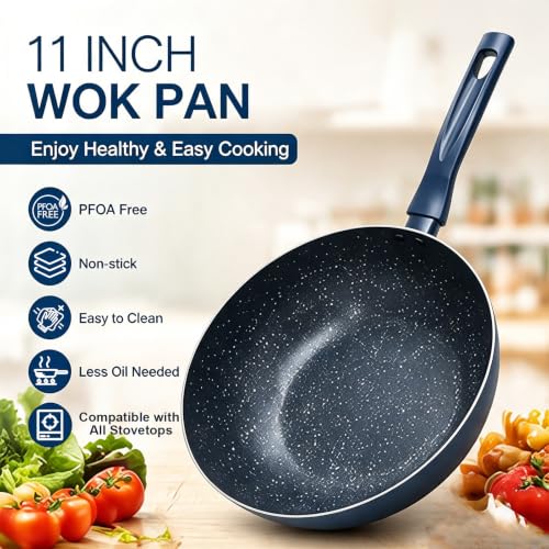 CYPHERTAN NonStick Wok 11''/5QT Woks & Stir-fry Pans Nonstick Granite Wok Pan Deep Frying Pan, Compatible with All Stovetops (Navy Blue) - image 4