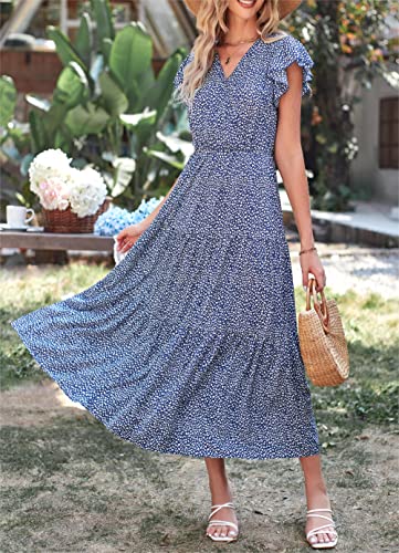Prettygarden Women's Short Sleeve V Neck Leopard Print Ruffle Tiered Maxi Dress Tie Waist Boho Chiffon Flowy Long Dress (Medium, Blue) #TOP3