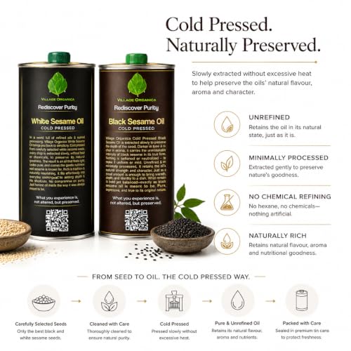 Image of Village-Organica Cold Pressed Black and White Sesame Oil Combo | Black Til OIl & White Til Oil | 1000 ml Each | Unrefined | Tin Cans | Total 1000ml *2