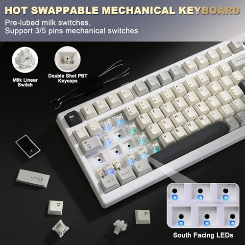 Image of YUNZII YZ98 Gasket Mechanical Keyboard,99 Key Hot Swappable BT5.0 /2.4G /USB-C Wireless NKRO 98% 1800 Layout with RGB LED Backlit for Linux /Win /Mac(Milk Switch, White)