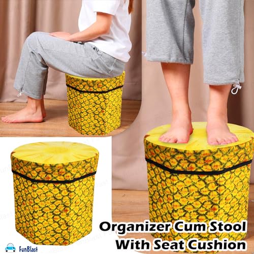 Image of Funblast Multi-Functional Folding Storage Ottoman Box Organizer Cum Stool With Seat Cushion, Storage Boxes For Toys For Kids (Pine Apple) - Multicolor