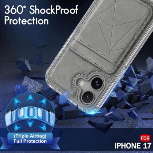 Image of amazon basics Premium Vegan Leather Back Cover with Card Holder and Integrated Mobile Stand for iPhone 17 - Slim Shockproof Wallet Case with Geometric Stitching [Gray]