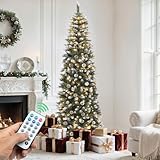YITAHOME 6FT Pre-Decorated Pencil Christmas Tree w/Remote, Partially Flocked & Frosted Slim Prelit Artificial Hinged Xmas Tree w/ 618 Tips, 50 Pine Cones, 250 Warmwhite & Multi-Color Lights, 11 Modes