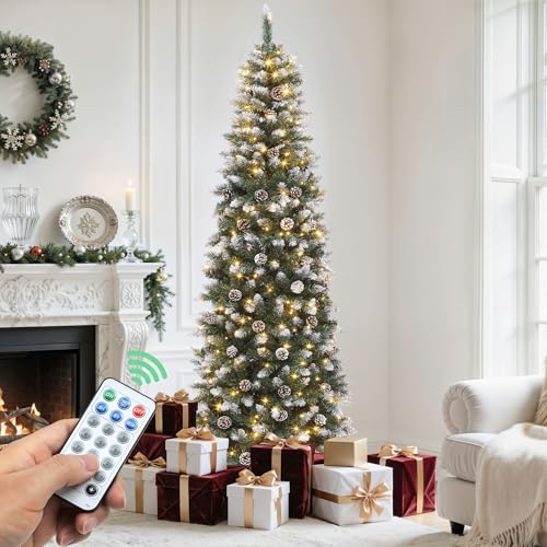 YITAHOME 6FT Pre-Decorated Pencil Christmas Tree w/Remote, Partially Flocked & Frosted Slim Prelit Artificial Hinged Xmas Tree w/ 618 Tips, 50 Pine Cones, 250 Warmwhite & Multi-Color Lights, 11 Modes