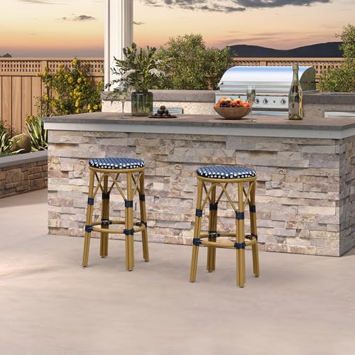 Image of PURPLE LEAF Patio Round Counter Height Stool Set of 2 Outdoor Backless Barstools Aluminum Frame in Bamboo Finish with Navy Blue&White Woven Rattan for Indoor Kitchen Dining Bistros Cafe Restaurant