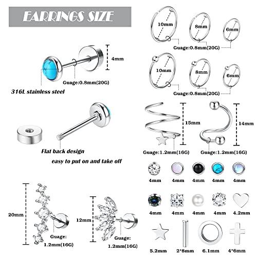 Fasacco Flat Back Cartilage Earrings Surgical Steel Cartilage Hoop Stud Earrings Tragus Helix Piercing Jewelry #TOP1