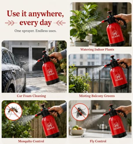 Image of Herms Aquamist 2L Hand Pressure Spray Pump | 3 Spray Modes | Adjustable Brass Nozzle | Garden Sprayer for Watering Plants, Pesticide, Fertilizer, Home Garden, Nursery & Car Washing (Red)