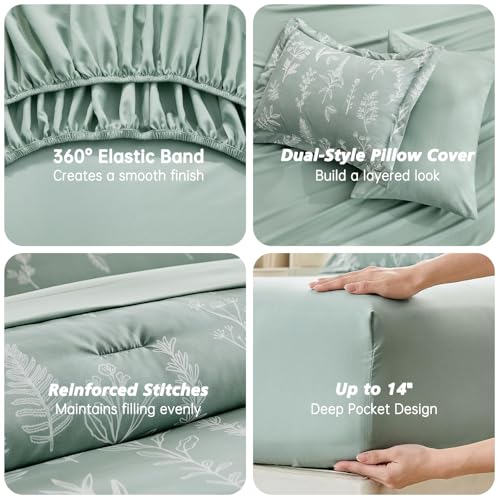 MUXHOMO Full Comforter Set, Sage Green Elegant Floral Print Bed in a Bag 7 Pieces, Breathable Reversible Botanical Pattern Bedding Set with Comforter, Sheet, Pillowcases and Shams by MUXHOMO - Image 7