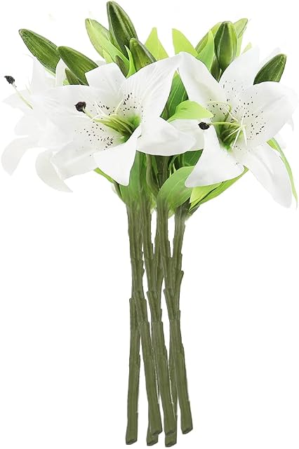 YPLonon Artificial White Lily Flowers 6PCS Faux Flower Lilies 36cm Long Stem Plastic Fake Flowers Arrangement for Graveside Office Home Wedding Parties Easter Day Vases Floral Decor - Realistic
