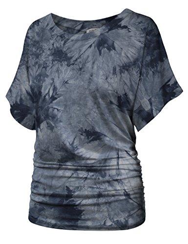 BIADANI Womens Short Sleeve Boat Neck Side Shirring Dolman Drape top