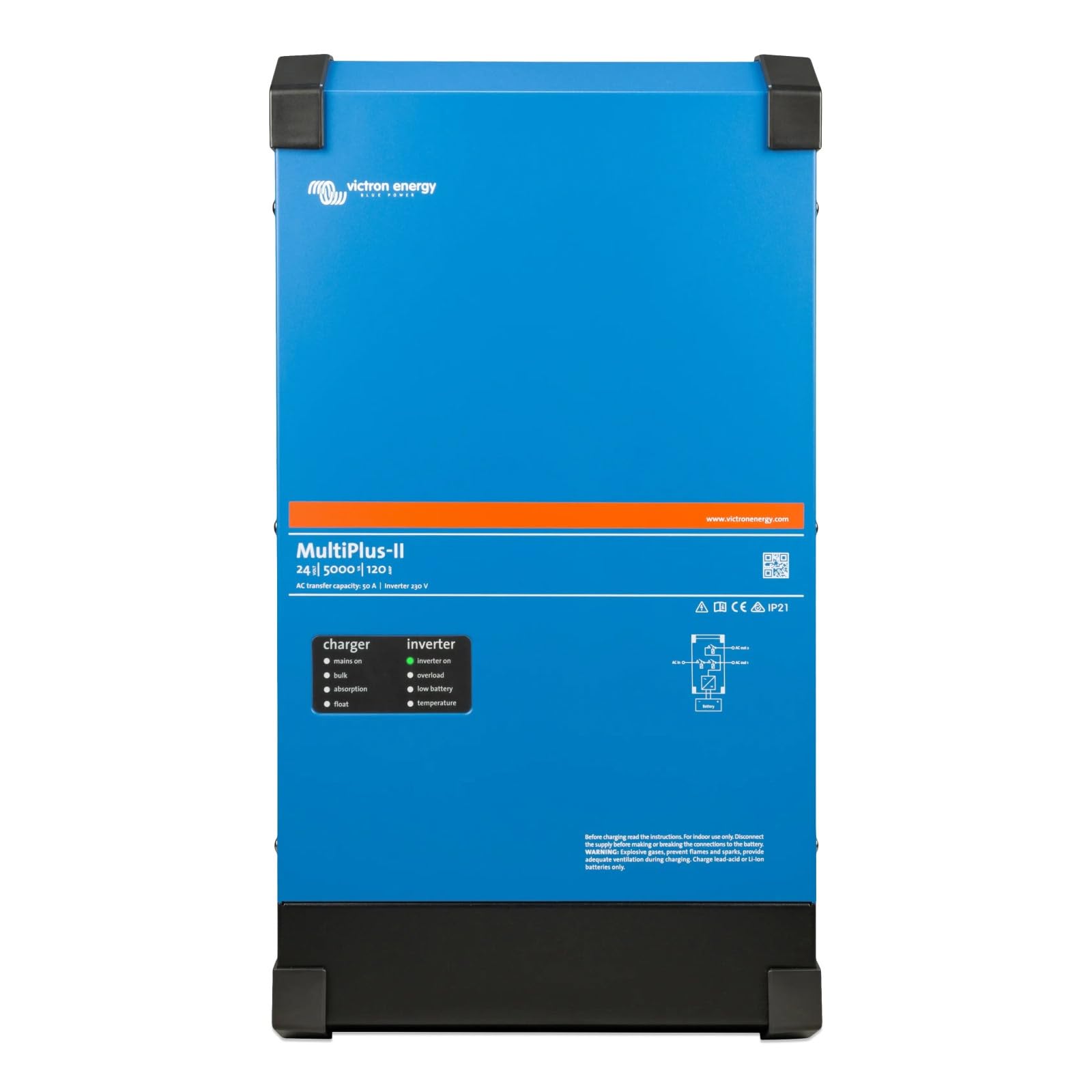 Victron Energy MultiPlus-II Reiner Sinus Wechselrichter 120 Amp Batterie Ladegerät, Spannungswandler, Transferschalter Inverter Charger, 5000VA 24-Volt 230V