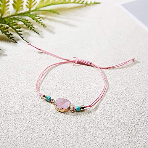 Sun Braided Strand Imitation Stone Resin Bead Bracelet Adjustable Woven String Rope Cord Card Wrap Bangle Wristband For Women Girl Men Boy Teen Friend Handmade Round Friendship Jewelry-D Pink #TOP2