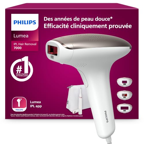 Philips Lumea série 7000, Épilateur à lumière pulsée, alternative à l'épilation laser, avec tondeuse-stylo Satin Compact, 3 embouts pour le corps, le visage et le maillot, modèle BRI923/00