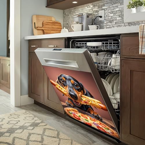Image of HOMETITUTE Funny Dachshund Dog Magnetic Dishwasher Cover 23x26 Inch Hotdog Pizza Panel Magnet Sticker for Kitchen Appliance Fridge Door Wrap Pet Humor Theme Decorative Surface Art