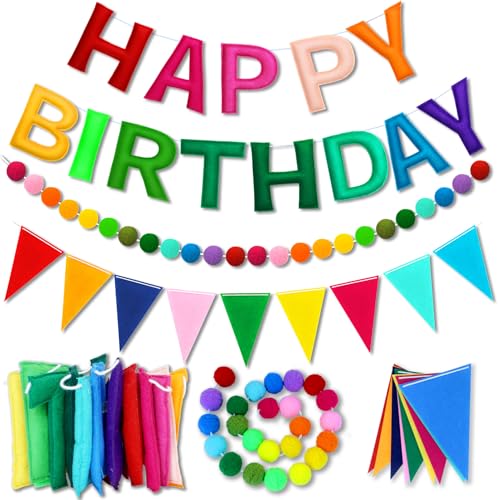 Image of Happy Birthday Banner Decorations - Pre-Strung 3D Felt HAPPY BIRTHDAY Sign for Party Decor | Rainbow Reusable Happy Birthday Garland, Ball, Pennant Flag (1-Rainbow)