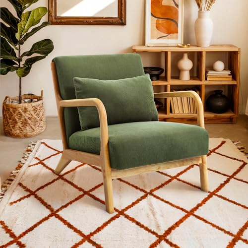 Sicaan Fauteuil Salon Scandinave Kaki Marie - Fauteuil Relax Confortable avec Coussin Accoudoirs en Bois Courbé Design Moderne Chambre Chaise Scandinave Vintage...