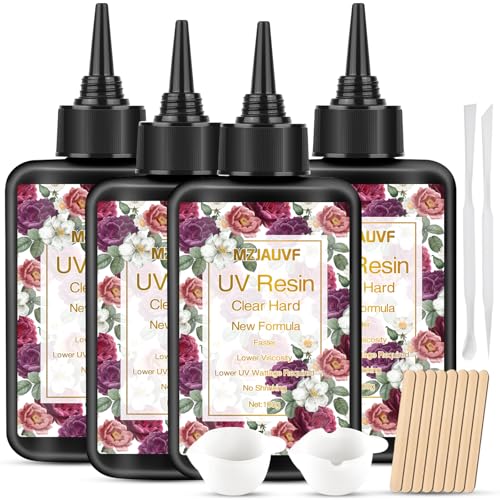 MZJAUVF 4PCS UV Harz, 400g UV Harz Klar, UV Resin Hart, Verbessertes Kristallklares Transparentes UV Epoxidharz, Schnelle Aushärtung, UV Resin Set für DIY Kunst, Schmuck, Handwerk