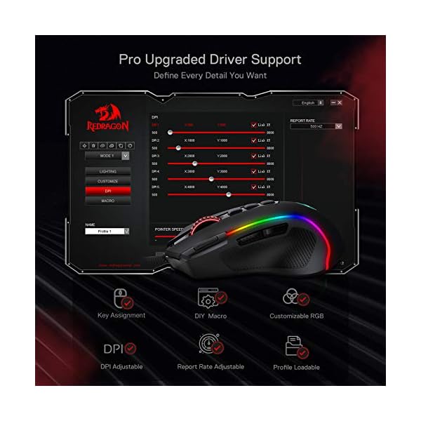 Redragon M612 Predator RGB Gaming Mouse, 8000 DPI Wired Optical Gamer Mouse with 11 Programmable Buttons & 5 Backlit Modes, Software Supports DIY Keybinds Rapid Fire Button - Image 9
