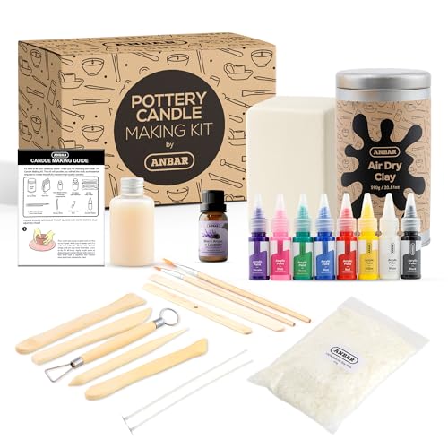 Anbar Creative Pottery Clay Candle Making Kit for Adults and Kids - Complete DIY Set with Air Dry Clay Soy Wax Essential Oil Sculpting Tools & Acrylic Paint Create Your Own Custom Scented Candles