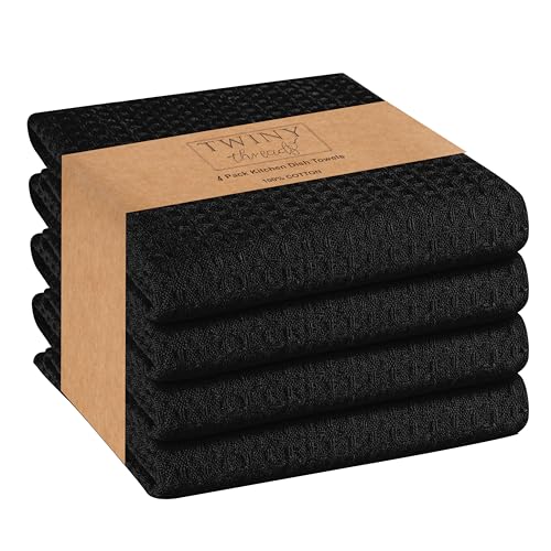 TWINY threads Waffle Kitchen Towel 4 Pack, 16x26 Inches, Premium 100% Cotton Dish Cloths Set with Hanging Loop, Absorbent, Quick Drying Cloths for Drying Dishes, Machine Washable, Black