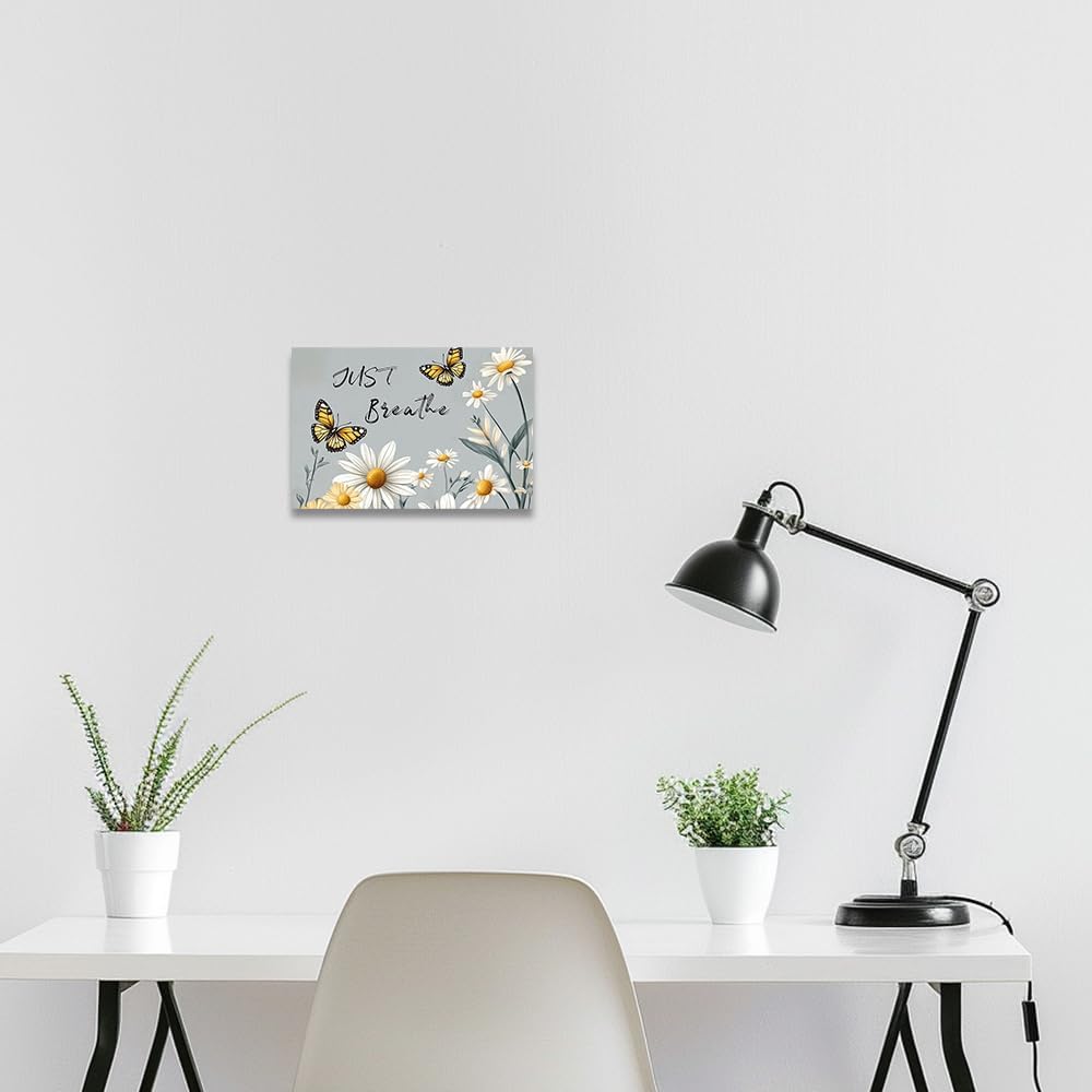 QIXIANG Butterflies Flower Canvas Painting Just Breathe Wall Art Inspirational Quotes Picture Wall Decor Country Farmhouse Home Decor Framed(Grey,12L x 18W) - Image 3
