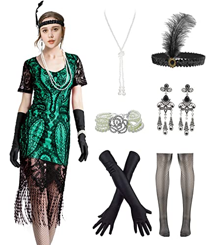Image of Women 1920s Gatsby Flapper Dress Sexy Open Back Strap Fringed Cocktail Party Dress with 20s Accessories