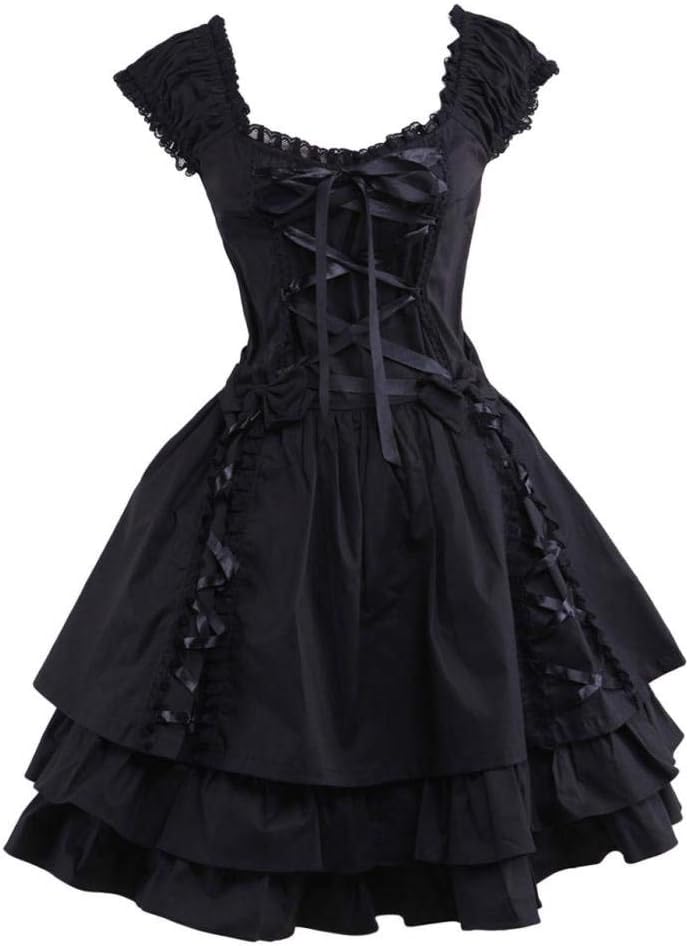 Womens Classic Black Layered Lace-up Goth Lolita Dress