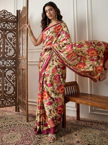 Image of AKHILAM Women's Multicolor Satin Silk Floral Printed Saree With Unstitched Blouse (SATIN1403 RJ11 Parent)