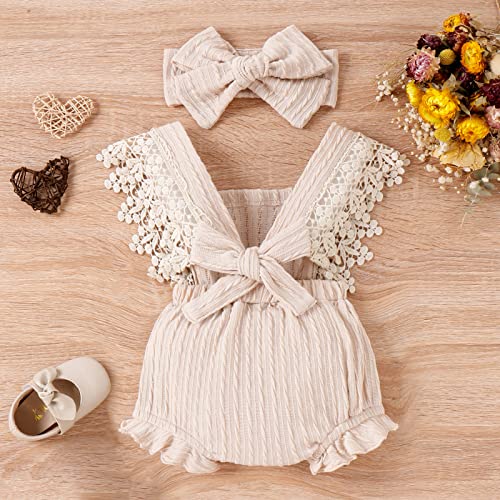 Grnshts Newborn Girl Clothes Baby Girl Ruffle Solid Sleeveless Romper With Bowknot Hairband Summer Outfits(Beige,0-3M) #TOP1