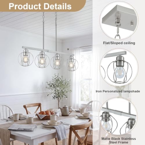Dining Room Island Chandelier Light Fixtures, 4-Light Modern Brushed Nickel with Cage Shade, Farmhouse Industrial Linear Pendant Light with Adjustable Chain for Kitchen Island, Living Room, Bedroom — view 2
