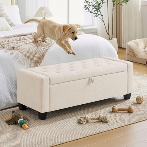 Image of Huatean Home 43 inch Ottoman with Storage, Storage Ottoman Bench with Safety Hinge, Upholstered Entryway Bench with Seating for Bedroom, Living Room, Holds up to 330 lb, Beige