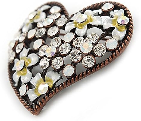 Vintage Inspired Clear Crystal, White Enamel Floral Heart Brooch In Bronze Tone Metal - 42mm W, white / ivory, bronze - Image 3