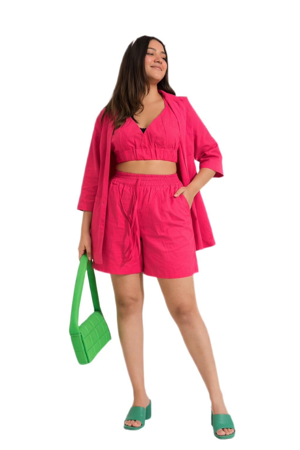 Hot Pink Coords Set 3 Piece Womens Outfit With Shirt Shorts Bralet Loose Fit Cotton Blend-image-26