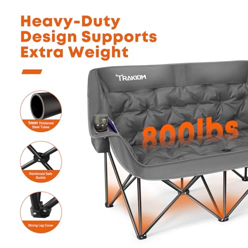 Trakiom Double Camping Chair Oversized Padded Outdoor Loveseat Chairs for Adults, Heavy Duty Folding Camping Couch with Cup Holders & Phone Pocket, 2 Person Portable Chair for Beach Lawn Patio — view 3