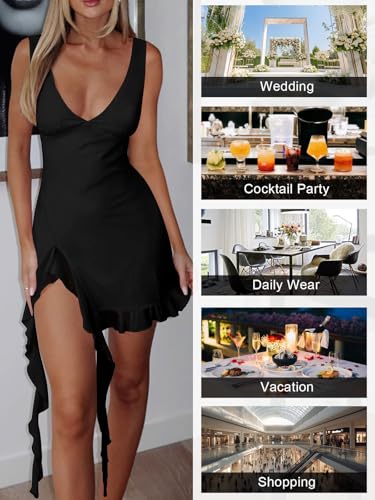 Womens Sexy Deep V Neck Mini Dress for Women Y2K Side Slit Going Out Cocktail Wedding Party Ruffle Short Dresses4
