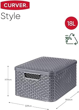 Curver Rattan Style Basket with Lid, Grey, Medium